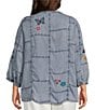 John Mark Plus Size Embroidered Patchwork Split V-Neck 3/4 Sleeve Button-Front Blouse - Image 2