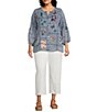 John Mark Plus Size Embroidered Patchwork Split V-Neck 3/4 Sleeve Button-Front Blouse - Image 3