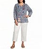 John Mark Plus Size Embroidered Patchwork Split V-Neck 3/4 Sleeve Button-Front Blouse - Image 3