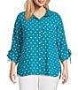 John Mark Plus Size Embroidered Polka Dot Cinch Tie Sleeve Button Front Tunic, Color:Peacock - Image 1