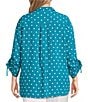 John Mark Plus Size Embroidered Polka Dot Cinch Tie Sleeve Button Front Tunic, Color:Peacock - Image 2