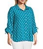 John Mark Plus Size Embroidered Polka Dot Cinch Tie Sleeve Button Front Tunic, Color:Peacock - Image 3