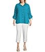 John Mark Plus Size Embroidered Polka Dot Cinch Tie Sleeve Button Front Tunic, Color:Peacock - Image 5