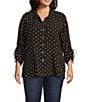 John Mark Plus Size Embroidered Polka Dot Cinch Tie Sleeve Button Front Tunic, Color:Black - Image 1