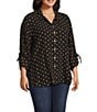 John Mark Plus Size Embroidered Polka Dot Cinch Tie Sleeve Button Front Tunic, Color:Black - Image 3