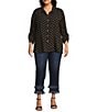 John Mark Plus Size Embroidered Polka Dot Cinch Tie Sleeve Button Front Tunic, Color:Black - Image 5