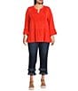 John Mark Plus Size Embroidered Split-Neck 3/4 Ruffle Flounce Sleeve Tunic, Color:Orange Crush - Image 3