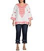 John Mark Plus Size Embroidered Split V-Neck 3/4 Sleeve Hi-Low Hem Tunic, Color:White - Image 5