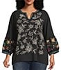 John Mark Plus Size Embroidered Split V-Neck 3/4 Tiered Sleeve Peasant Top, Color:Black - Image 1