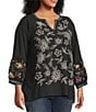 John Mark Plus Size Embroidered Split V-Neck 3/4 Tiered Sleeve Peasant Top, Color:Black - Image 3