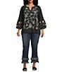 John Mark Plus Size Embroidered Split V-Neck 3/4 Tiered Sleeve Peasant Top, Color:Black - Image 5