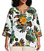 Color:White Multi - Image 1 - Plus Size Embroidered Tropical Floral Print Round Split Neck 3/4 Sleeve Tunic