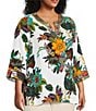 Color:White Multi - Image 3 - Plus Size Embroidered Tropical Floral Print Round Split Neck 3/4 Sleeve Tunic