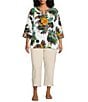 Color:White Multi - Image 4 - Plus Size Embroidered Tropical Floral Print Round Split Neck 3/4 Sleeve Tunic