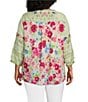 Color:Green Aqua - Image 2 - Plus Size Embroidered Y-Neck 3/4 Sleeve Printed Back Tunic