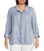 John Mark Plus Size Embroidered Yarn-Dye Stripe Wire Collar Long Roll-Tab Sleeve Button Front Shirt, Color:Blue Stripe - Image 1