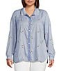 John Mark Plus Size Embroidered Yarn-Dye Stripe Wire Collar Long Roll-Tab Sleeve Button Front Shirt, Color:Blue Stripe - Image 2