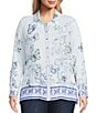 John Mark Plus Size Floral Butterfly Border Print Point Collar Long Roll-Tab Sleeve Button Front Blouse - Image 2