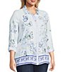 John Mark Plus Size Floral Butterfly Border Print Point Collar Long Roll-Tab Sleeve Button Front Blouse - Image 5