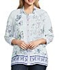 John Mark Plus Size Floral Butterfly Border Print Point Collar Long Roll-Tab Sleeve Button Front Blouse - Image 1