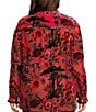 John Mark Plus Size Floral Cheetah Print Burnout Velvet Ruffled Round Neck Long Sleeve Button Front Blouse, Color:Red - Image 2