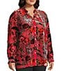 John Mark Plus Size Floral Cheetah Print Burnout Velvet Ruffled Round Neck Long Sleeve Button Front Blouse, Color:Red - Image 3