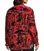 John Mark Plus Size Floral Cheetah Print Burnout Velvet Ruffled Round Neck Long Sleeve Button Front Blouse, Color:Red - Image 4