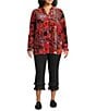 John Mark Plus Size Floral Cheetah Print Burnout Velvet Ruffled Round Neck Long Sleeve Button Front Blouse, Color:Red - Image 5