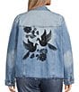 John Mark Plus Size Floral Embroidered Notch Collar Embellished Long Sleeve Button Front Denim Jacket, Color:Light Denim - Image 2