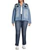 John Mark Plus Size Floral Embroidered Notch Collar Embellished Long Sleeve Button Front Denim Jacket, Color:Light Denim - Image 3