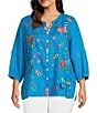Color:Turquoise - Image 1 - Plus Size Floral Embroidered Round Neck 3/4 Sleeve Button-Front Tunic