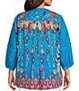 Color:Turquoise - Image 2 - Plus Size Floral Embroidered Round Neck 3/4 Sleeve Button-Front Tunic