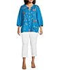 Color:Turquoise - Image 3 - Plus Size Floral Embroidered Round Neck 3/4 Sleeve Button-Front Tunic