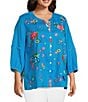 Color:Turquoise - Image 5 - Plus Size Floral Embroidered Round Neck 3/4 Sleeve Button-Front Tunic