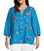 Color:Turquoise - Image 1 - Plus Size Floral Embroidered Round Neck 3/4 Sleeve Button-Front Tunic