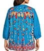 Color:Turquoise - Image 2 - Plus Size Floral Embroidered Round Neck 3/4 Sleeve Button-Front Tunic