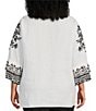 John Mark Plus Size Floral Embroidered Split V-Neck 3/4 Sleeve Tunic, Color:Black White - Image 2