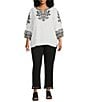 John Mark Plus Size Floral Embroidered Split V-Neck 3/4 Sleeve Tunic, Color:Black White - Image 3