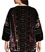 John Mark Plus Size Floral Embroidered Velvet Back Print Band Round Collar 3/4 Sleeve Tunic, Color:Black - Image 2