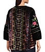John Mark Plus Size Floral Embroidered Velvet Back Print Band Round Collar 3/4 Sleeve Tunic, Color:Black - Image 4