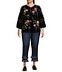 John Mark Plus Size Floral Embroidered Velvet Back Print Band Round Collar 3/4 Sleeve Tunic, Color:Black - Image 5