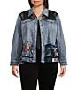 John Mark Plus Size Floral Lace Denim Point Collar 3/4 Sleeve Button Front Peplum Jacket, Color:Denim - Image 1