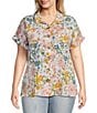 Color:Floral Multi - Image 1 - Plus Size Floral Multi Print Wire Collar Short Sleeve Button Front Camp Shirt