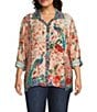 John Mark Plus Size Floral Multi Woven Point Collar Long Roll-Tab Sleeve Button Front Shirt, Color:Floral Multi - Image 1