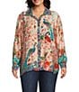 John Mark Plus Size Floral Multi Woven Point Collar Long Roll-Tab Sleeve Button Front Shirt, Color:Floral Multi - Image 3