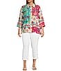 Color:Floral Multiple - Image 3 - Plus Size Floral Print Point Collar 3/4 Sleeve Button Front Tunic