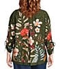 John Mark Plus Size Floral Print Wire Collar 3/4 Cinched Tie Sleeve Button Front Shirt, Color:Dark Olive - Image 2