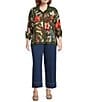 John Mark Plus Size Floral Print Wire Collar 3/4 Cinched Tie Sleeve Button Front Shirt, Color:Dark Olive - Image 5