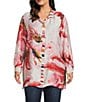 John Mark Plus Size Floral Wire Collar Long Roll-Tab Sleeve Hi-Low Hem Button-Front Tunic, Color:Pink Floral - Image 1