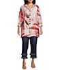 John Mark Plus Size Floral Wire Collar Long Roll-Tab Sleeve Hi-Low Hem Button-Front Tunic, Color:Pink Floral - Image 5